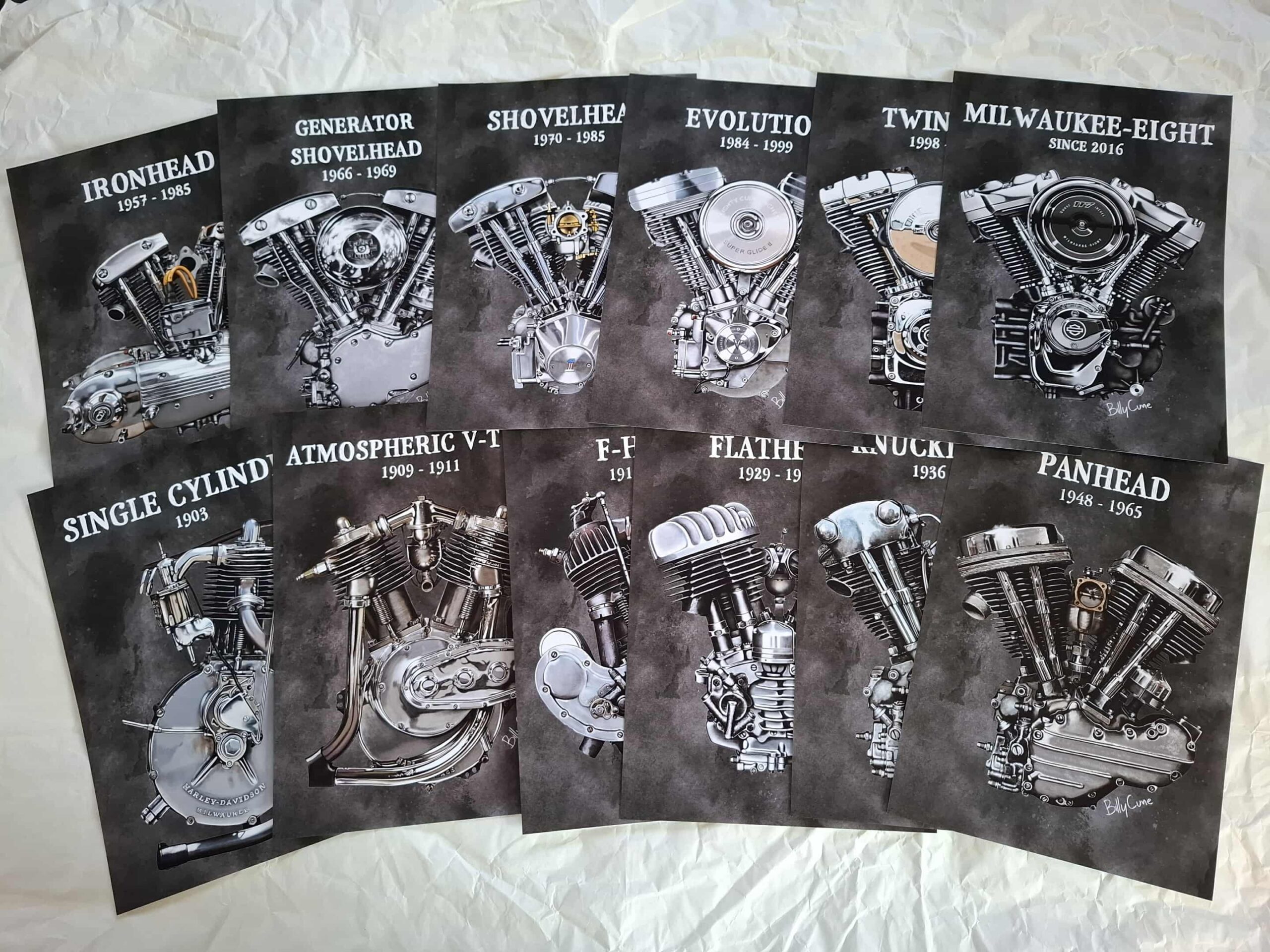 harley-davidson engine timeline drawings big twin billy cune art